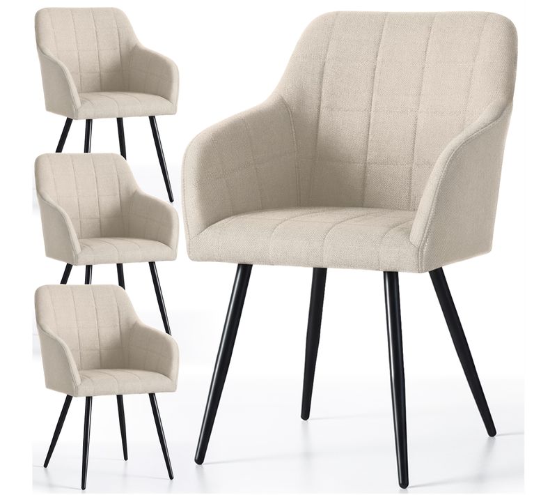 Lot De 4 Chaises Rembourrées À Surpiqûres Carrées Luxano Beige Pieds Noirs Tissu Lumos