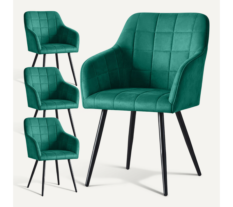 Lot De 4 Chaises Rembourrées À Surpiqûres Carrées Luxano Vert Bouteille Pieds Noirs