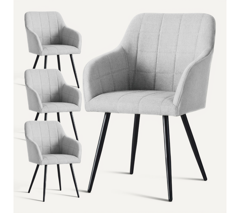 Lot De 4 Chaises Rembourrées À Surpiqûres Carrées Luxano Gris Clair Pieds Noirs Tissu Lumos