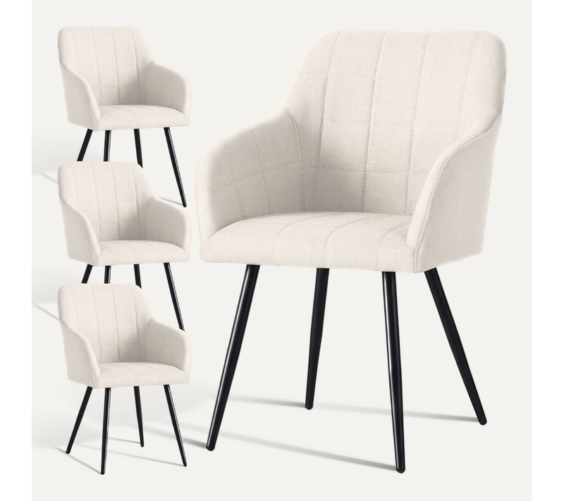 Lot De 4 Chaises Rembourrées à Surpiqûres Carrées Luxano Crème Pieds Noirs Tissu Lumos
