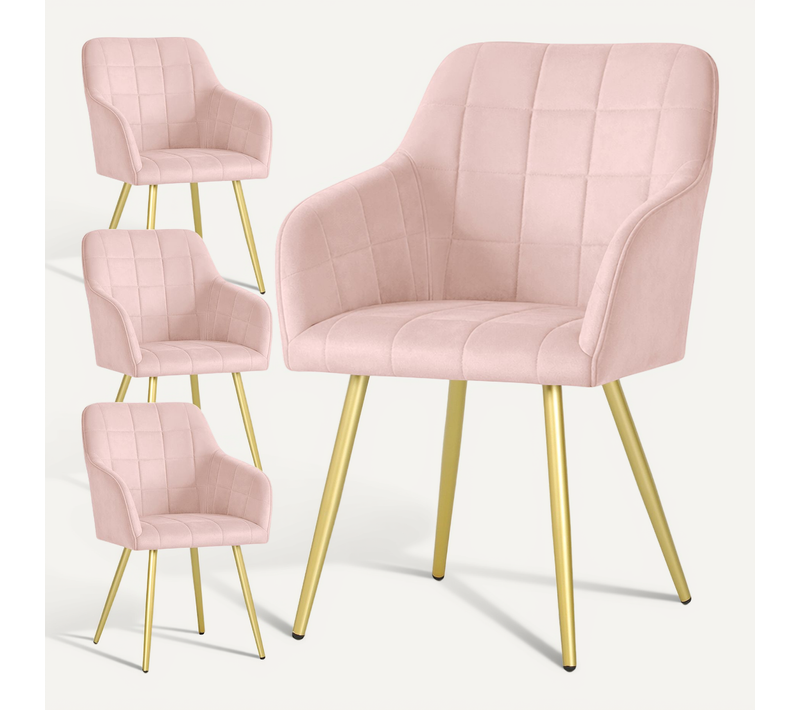 Lot De 4 Chaises Rembourrées À Surpiqûres Carrées Luxano Rose Poudré Pieds Dorés