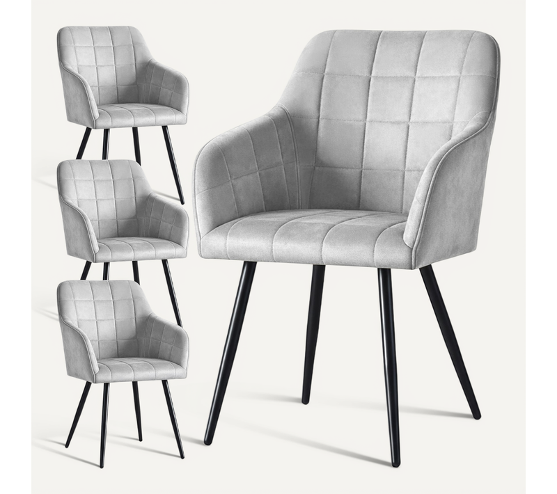Lot De 4 Chaises Rembourrées à Surpiqûres Carrées Luxano Gris Pieds Noirs