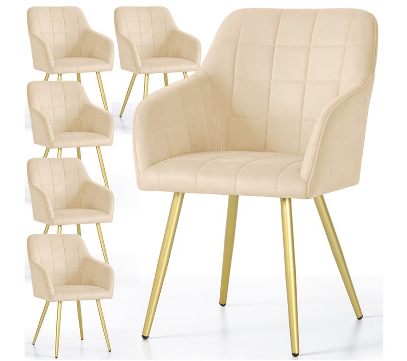 Lot De 6 Chaises Rembourrées À Surpiqûres Carrées Luxano Beige Pieds Dorés