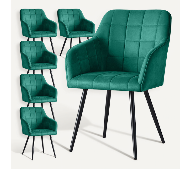 Lot De 6 Chaises Rembourrées À Surpiqûres Carrées Luxano Vert Bouteille Pieds Noirs