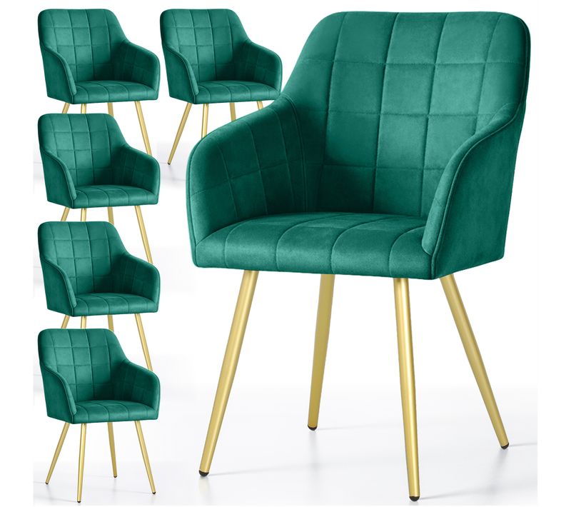 Lot De 6 Chaises Rembourrées À Surpiqûres Carrées Luxano Vert Bouteille Pieds Dorés