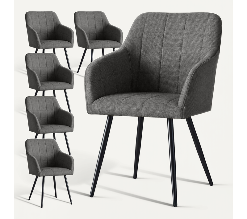 Lot De 6 Chaises Rembourrées À Surpiqûres Carrées Luxano Anthracite Pieds Noirs Tissu Lumos