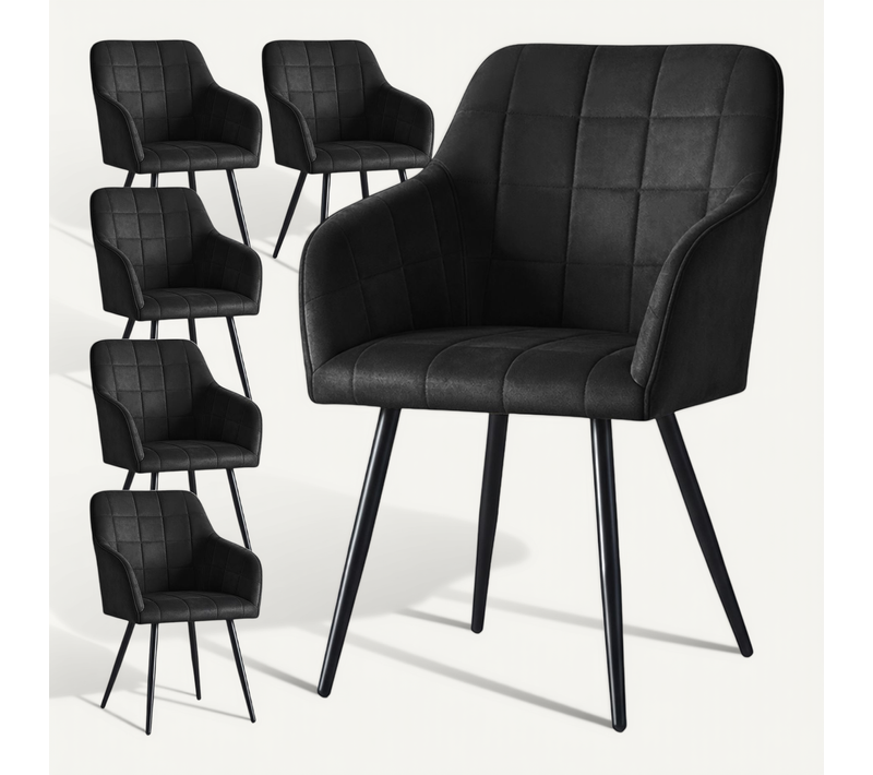 Lot De 6 Chaises Rembourrées à Surpiqûres Carrées Luxano Noir Pieds Noirs