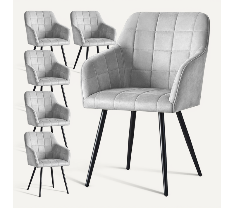 Lot De 6 Chaises Rembourrées À Surpiqûres Carrées Luxano Gris Pieds Noirs