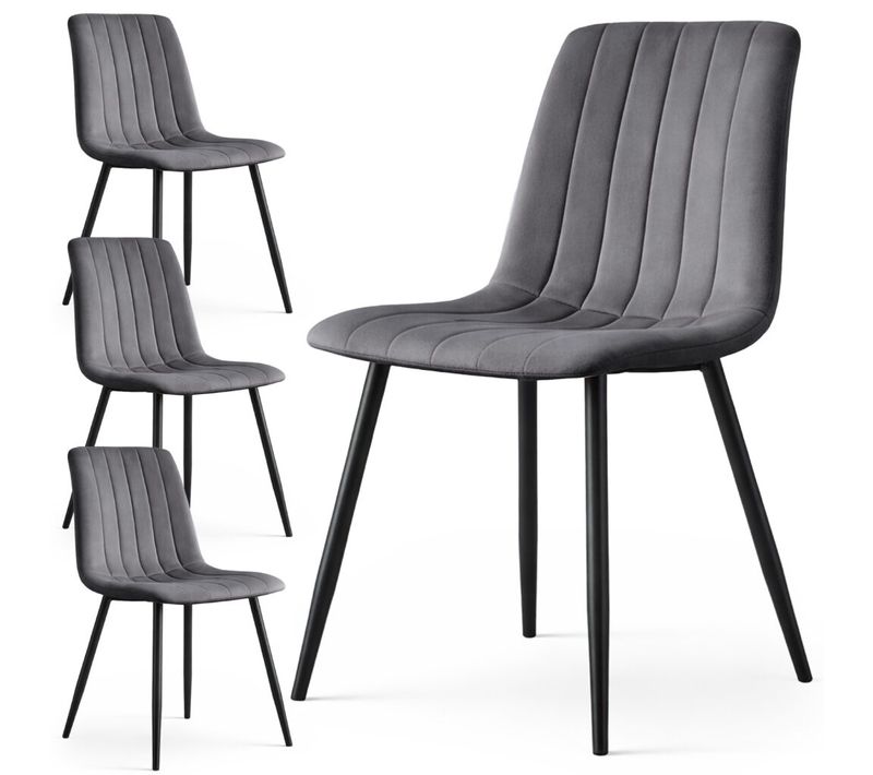 Lot De 4 Chaises En Velours Matelassées Livo Graphite Foncé Pieds Noirs