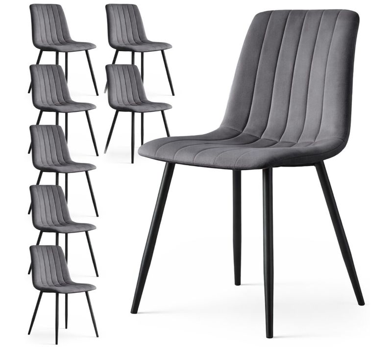 Lot De 8 Chaises En Velours Matelassées Livo Graphite Foncé Pieds Noirs