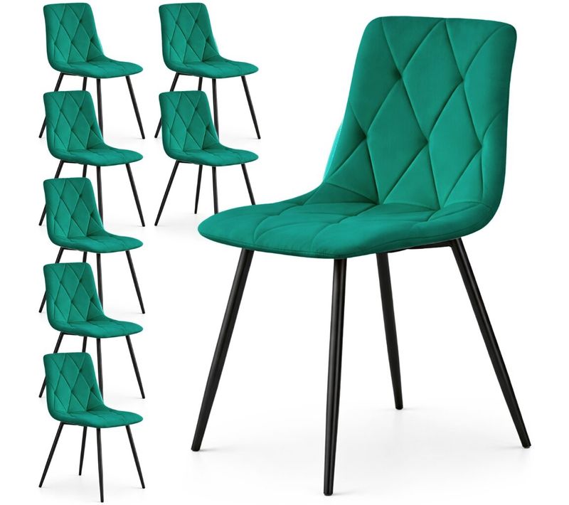 Lot De 8 Chaises En Velours Matelassées Milo Vert Bouteille Pieds Noirs