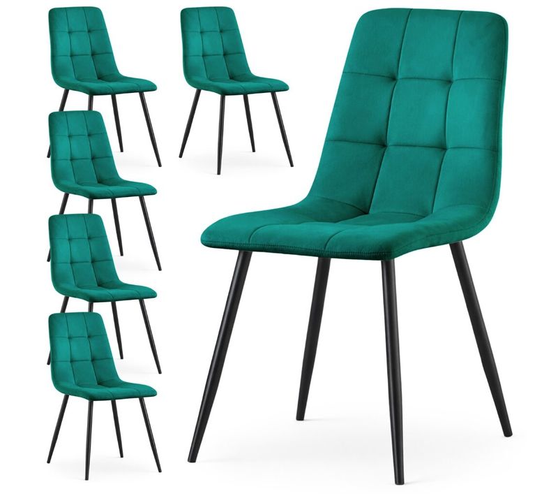 Lot De 6 Chaises En Velours Matelassées Nero Vert Bouteille Pieds Noirs