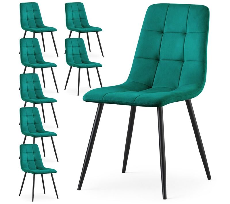 Lot De 8 Chaises En Velours Matelassées Nero Vert Bouteille Pieds Noirs
