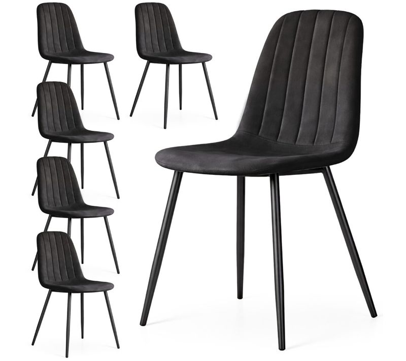 Lot De 6 Chaises En Velours Matelassées Lumo Noires Pieds Noirs