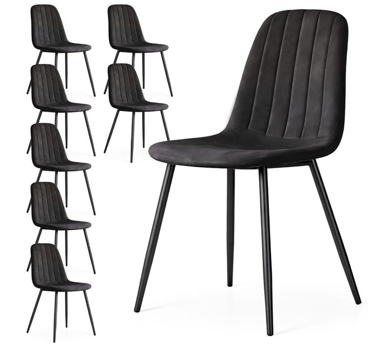 Lot De 8 Chaises En Velours Matelassées Lumo Noires Pieds Noirs