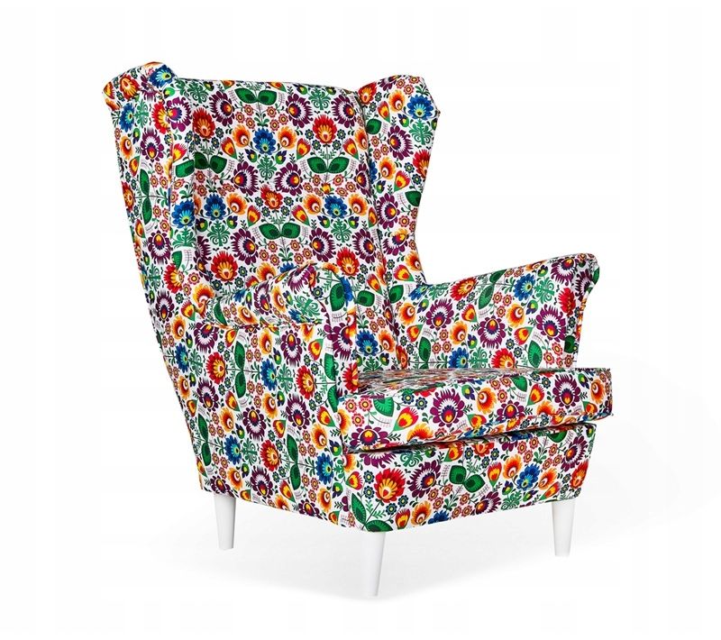Fauteuil à Oreilles Ari Print, Style Scandinave, Au Motif Folklorique Polonais à Fleurs Blanches