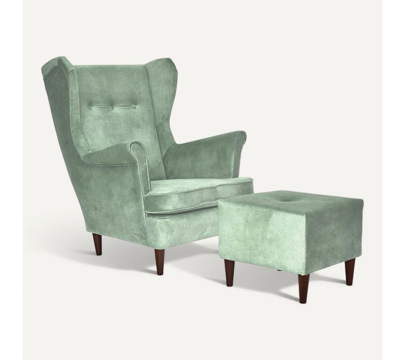 Fauteuil à Oreilles Ari Avec Repose-pieds (pouf) - Style Scandinave - Vert Menthe/Céladon, 92x84x104