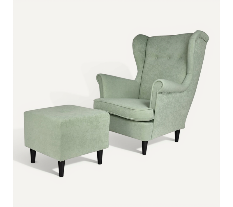 Fauteuil à Oreilles Ari Avec Pouf-repose-pieds, Style Scandinave, Vert Clair, 92x84x104 Cm