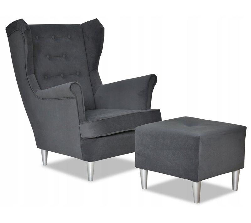 Fauteuil à Oreilles Diana Avec Repose-pieds, Style Scandinave, Taille Standard, Gris, 92x84x104 Cm