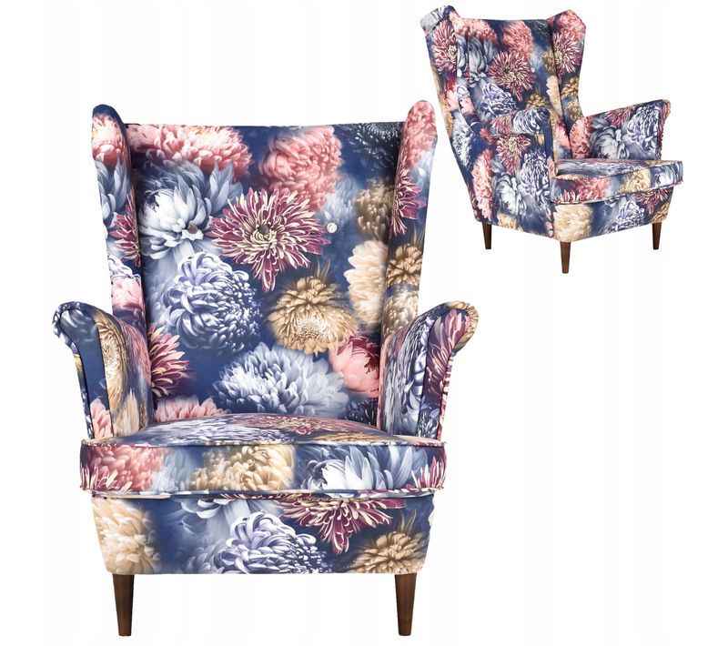 Fauteuil à Oreilles Scandinave Ari Print, Tissu Imprimé De Pivoines, Motif Fleurs De Grand‑mère