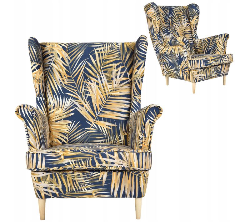 Fauteuil à Oreilles Ari Print Scandinave — Motif De Feuilles Dorées Sur Fond Bleu Marine