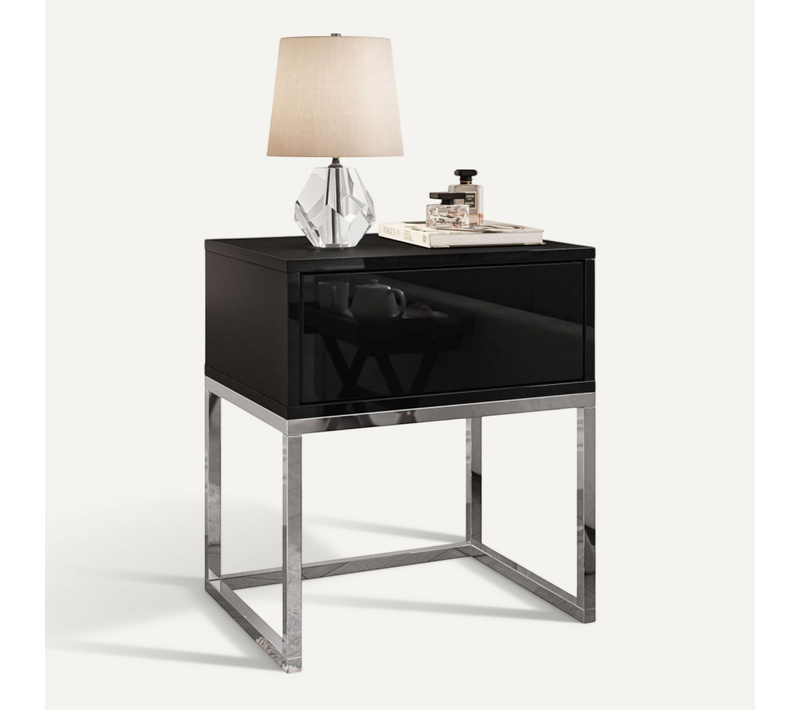 Table De Nuit Blanco Glamour Sur Cadre Chromé, Noir Brillant, Ouverture Push