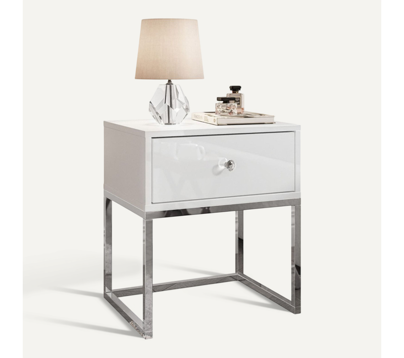 Table De Chevet Blanco Glamour Sur Structure Chromée, Blanc Brillant