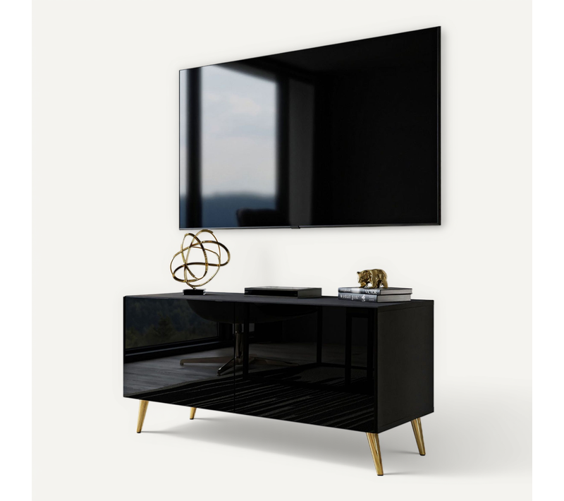 Meuble TV Aura 100 Noir Brillant Avec Éclairage LED – Couleur Des Pieds : Doré