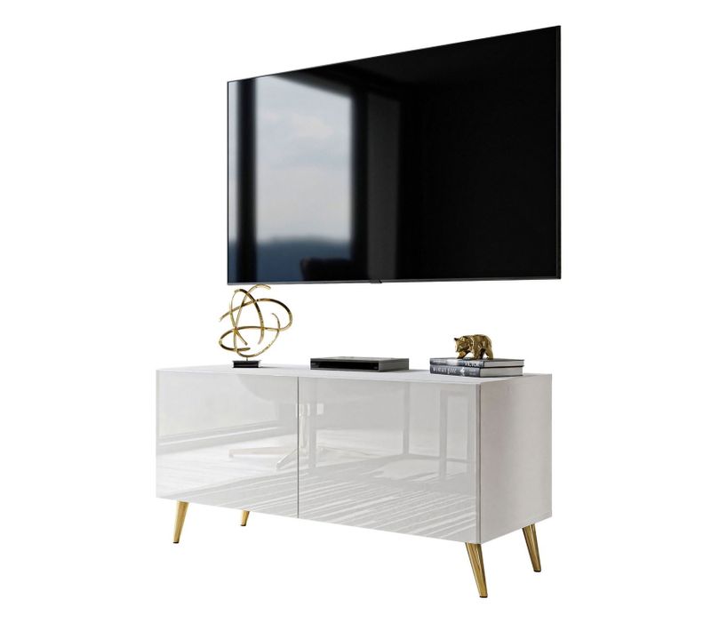 Meuble TV Aura 100 Blanc Brillant – Couleur Des Pieds : Doré