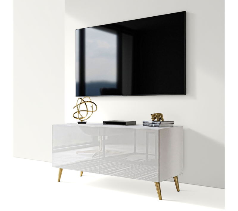 Meuble TV Aura 100 Blanc Brillant Avec Éclairage LED – Couleur Des Pieds : Doré