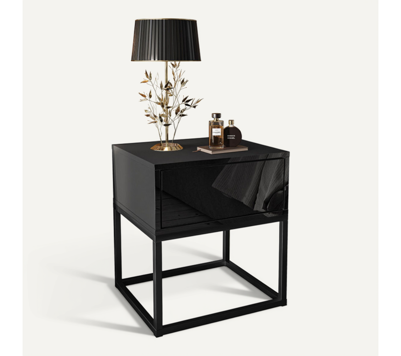 Table De Nuit Blanco Loft Ii Sur Cadre Noir, Noir / Noir Brillant
