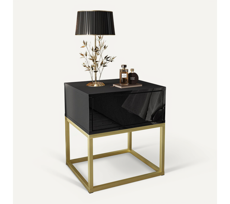 Table De Nuit Blanco Gold Ii Sur Cadre Doré, Noir Brillant, Ouverture Push