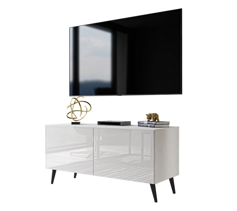 Meuble TV Aura 100 Blanc Brillant Avec Éclairage LED – Couleur Des Pieds : Noir