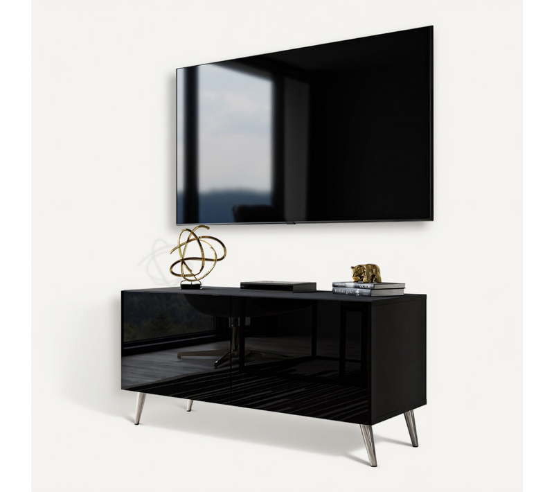Meuble TV Aura 100 Noir Brillant Avec Éclairage LED – Couleur Des Pieds : Chrome