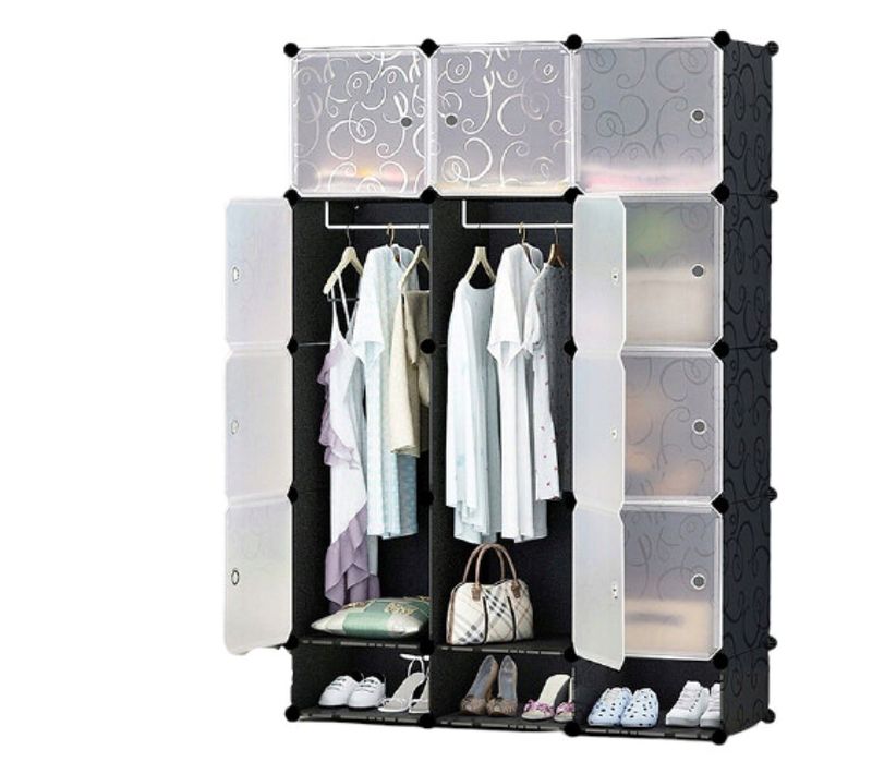 Grande Armoire Modulaire, Étagère, Dressing 12x, Armoire Noire Pliable, Grande Capacité XXL