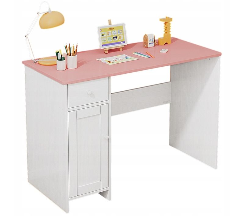 Bureau Blanc Avec Tiroir Et Armoire Pour Fille, Avec Plateau Rose, Loft 110 Cm