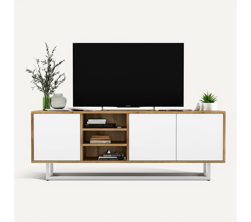 Meuble TV Apollo Chêne Wotan Blanc Mat 150 Cm Cadre Métallique