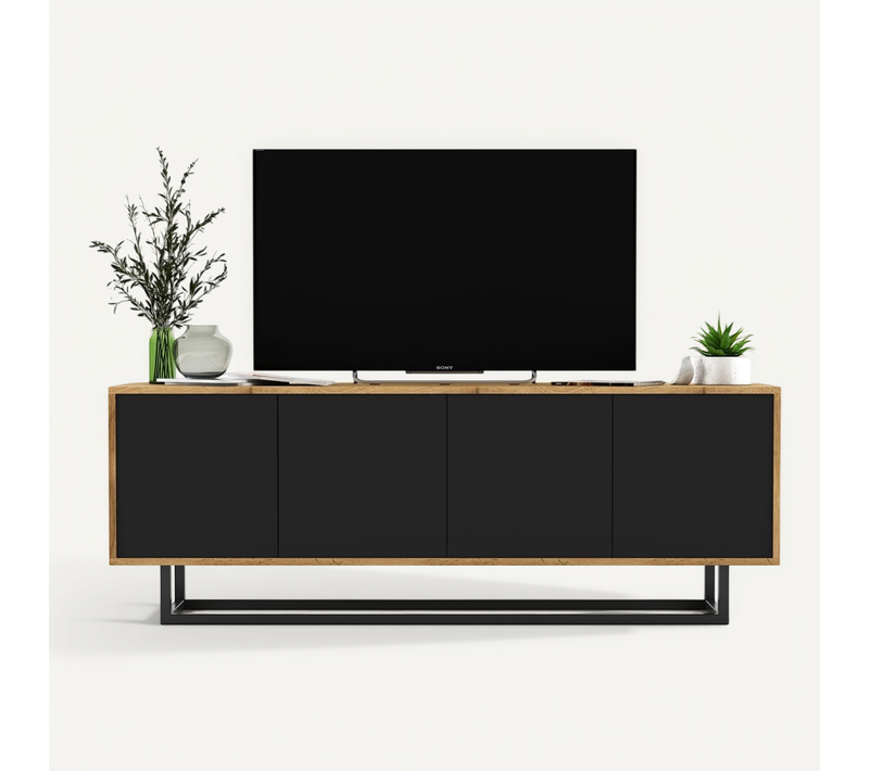 Meuble TV Apollo Chêne Wotan Noir Mat 150 Cm Cadre Métallique