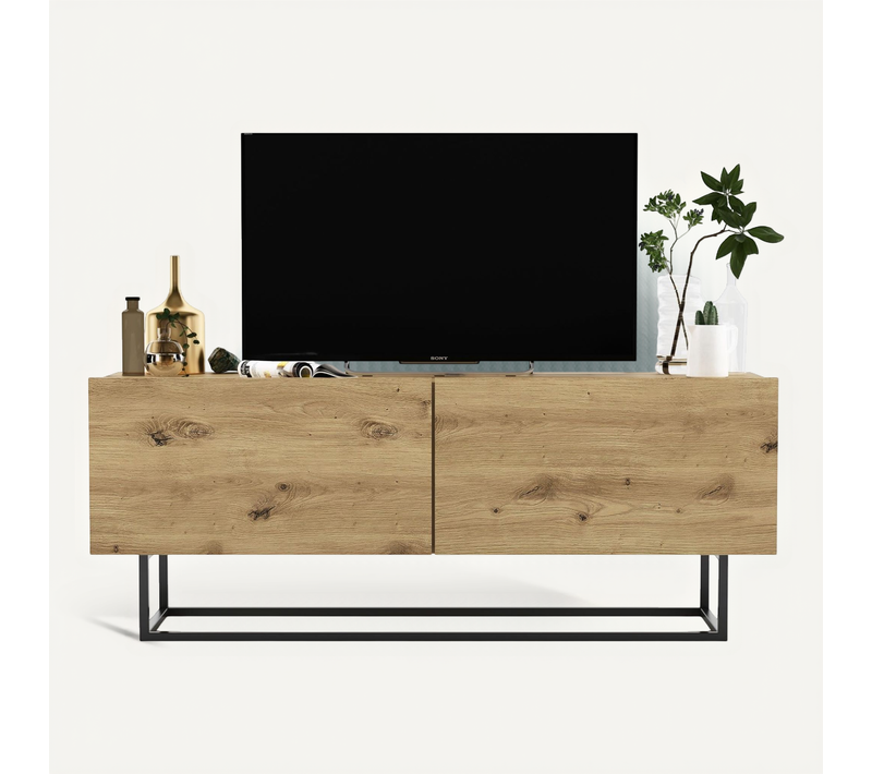Meuble TV Enjoy Chêne Artisanal Mat 120 Cm Cadre En Métal Noir