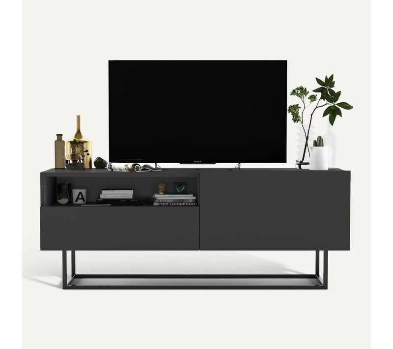 Meuble TV Enjoy Avec Tiroir Graphite Mat 120 Cm Cadre En Métal Noir