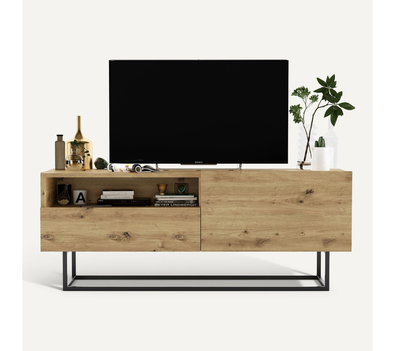 Meuble TV Enjoy Avec Tiroir Chêne Artisanal Mat 120 Cm Cadre En Métal Noir