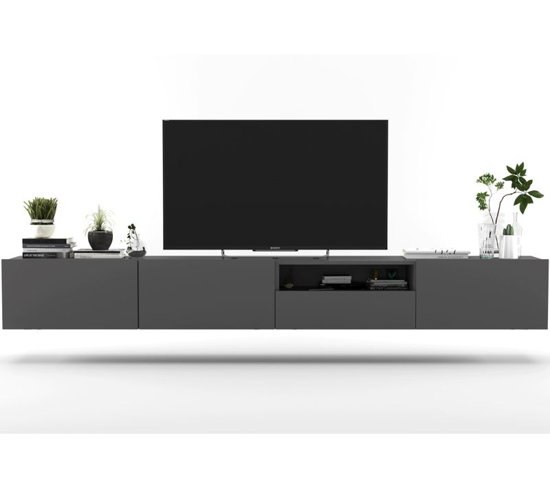 Meuble TV Enjoy Avec Tiroir Graphite Mat 240 Cm Cadre En Métal Noir