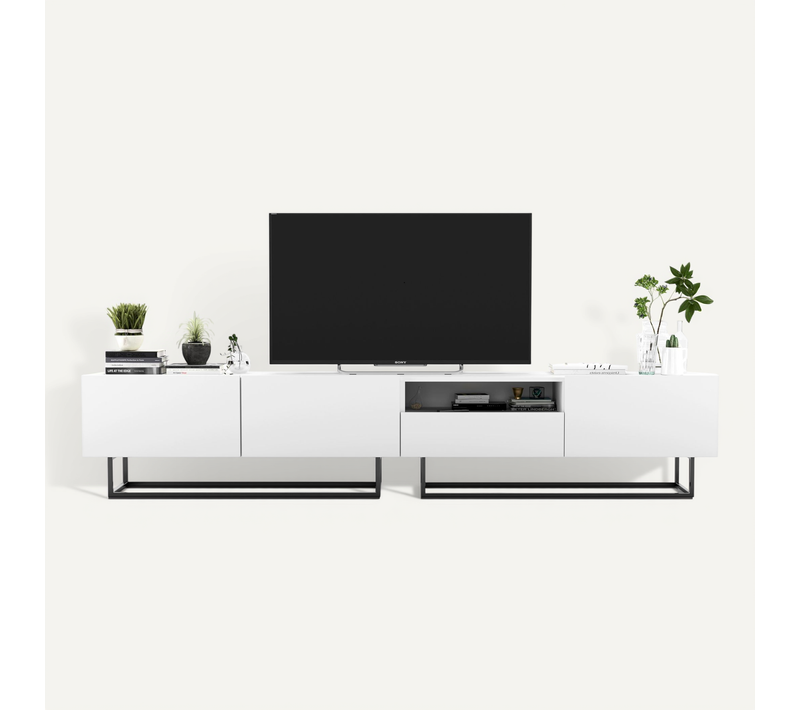 Meuble TV Enjoy Avec Tiroir Blanc Mat 240 Cm Cadre En Métal Noir