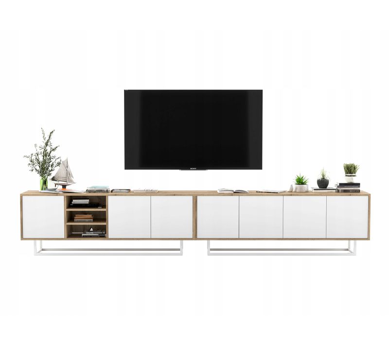 Meuble TV Apollo Chêne Wotan Blanc Mat 300 Cm Cadre Métallique