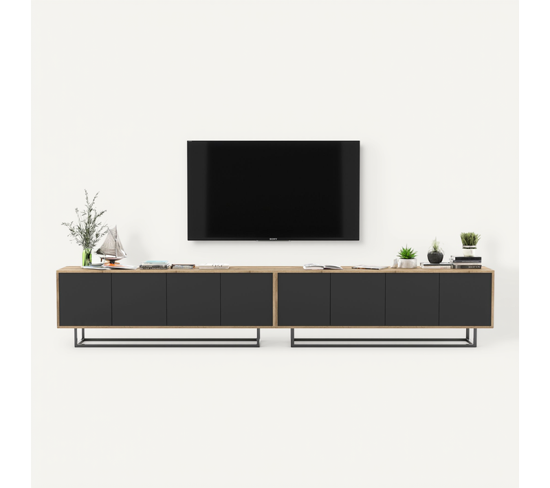 Meuble TV Apollo Chêne Wotan Noir Mat 300 Cm Cadre Métallique