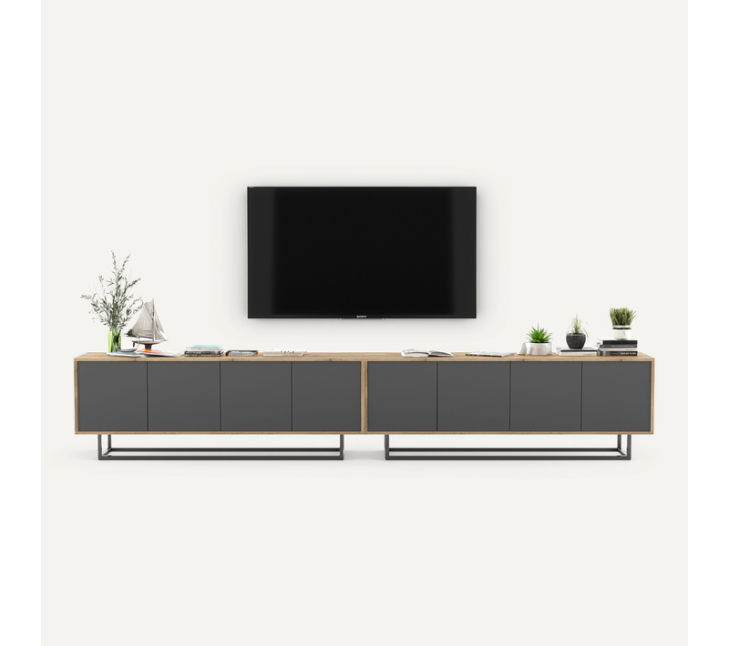 Meuble TV Apollo Chêne Wotan Graphite Mat 300 Cm Cadre Métallique
