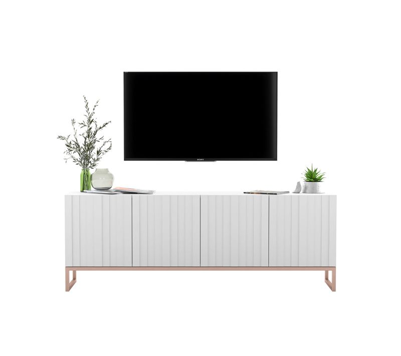 Meuble TV Elpis Façades Rainurées Blanc Mat 150 Cm Cadre En Métal
