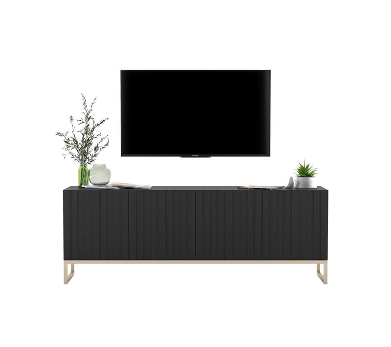 Meuble TV Elpis Façades Rainurées Noir Mat 150 Cm Cadre En Métal