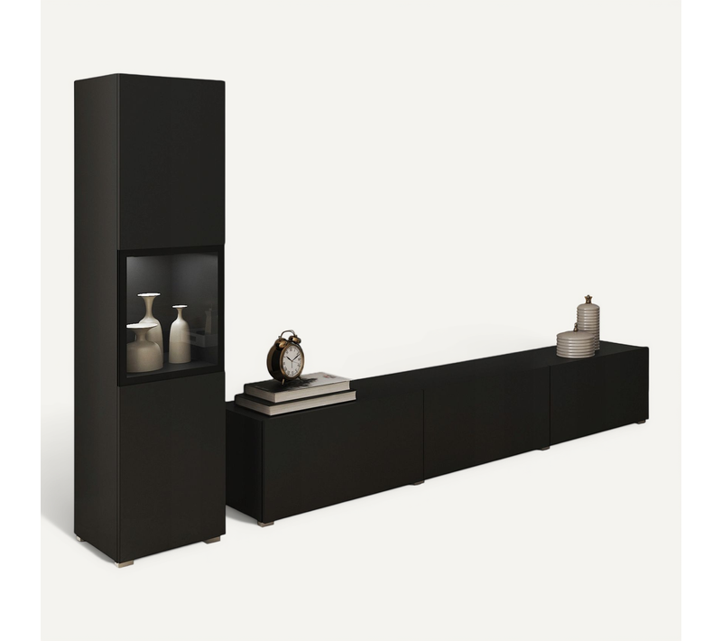 Mur TV 180 Cm Vitrine Noir Mat