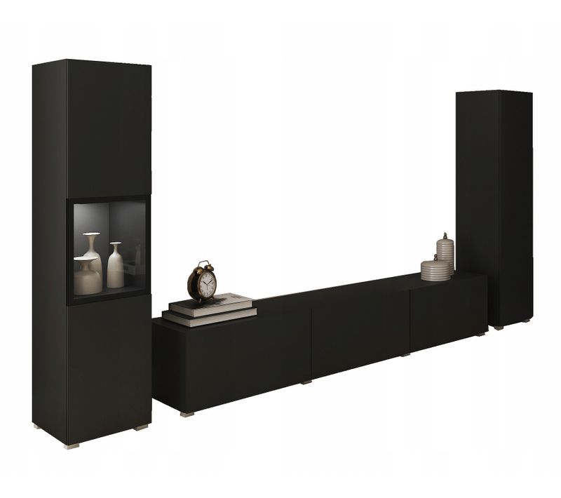 Mur TV 180 Cm Vitrine + Colonne Noir Mat